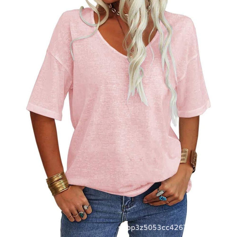 Womens Shirt, Normality Women's Solid Color V-Neck T-Shirt, Summer Short Sleeve Loose Casual Tops - Seldom Seen Styles