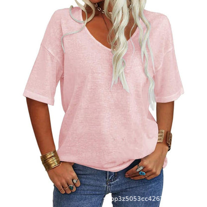 Womens Shirt, Normality Women's Solid Color V-Neck T-Shirt, Summer Short Sleeve Loose Casual Tops - Seldom Seen Styles