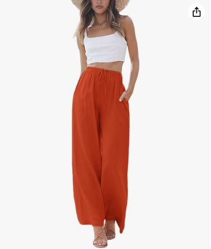 Women's Cotton Linen Summer Palazzo Pants Flowy Wide Leg Beach Trousers with Pockets Casual Womenswear
