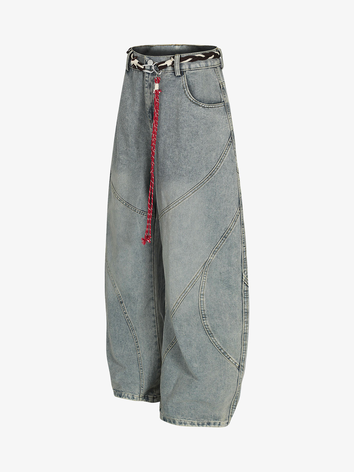 Wide-Leg Denim Trousers with Unique Braided Belt Detail 