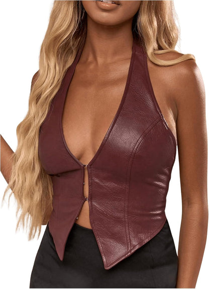 Women's PU Leather Halter Tank Tops Sexy Deep V Neck Asymmetrical Vest Corset Party Clubwear
