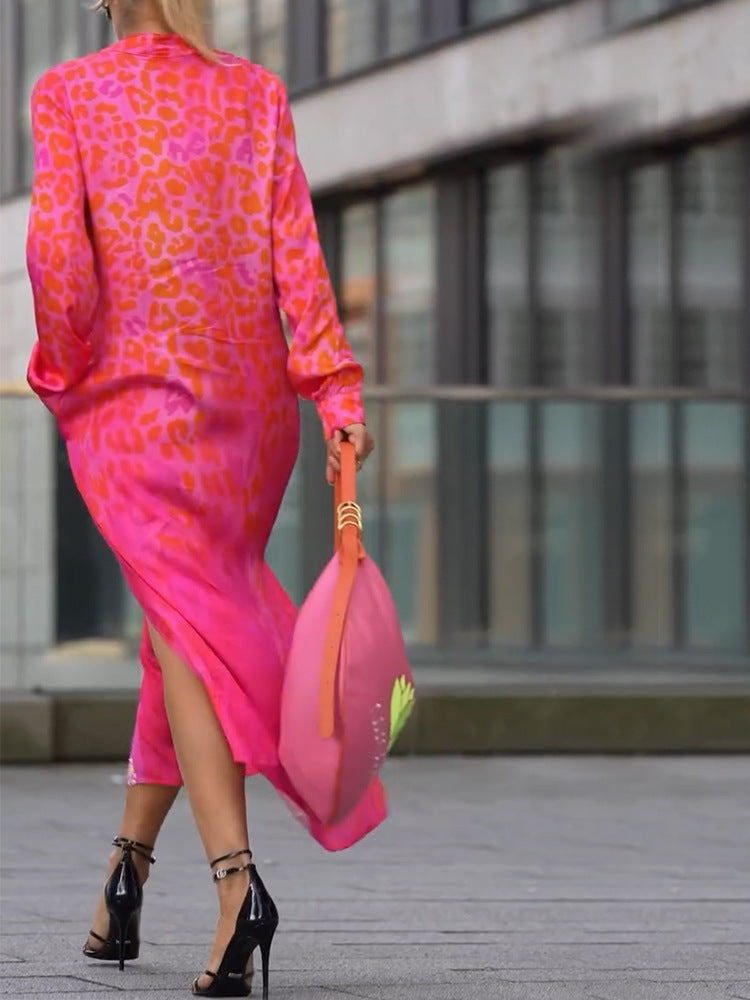 Women's Leopard Print Long Sleeve Split Maxi Dress V Neck Button Flowy Long Dress with Pockets Fashion Streetwears - Seldom Seen Styles