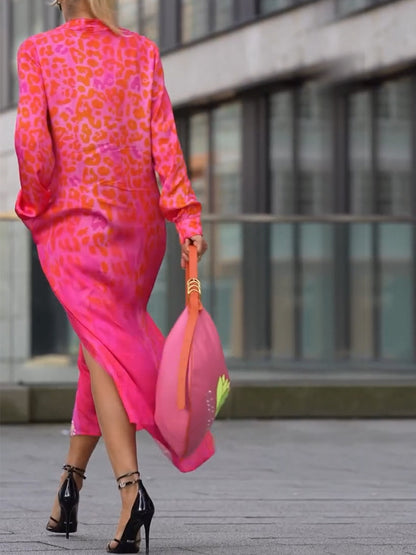 Women's Leopard Print Long Sleeve Split Maxi Dress V Neck Button Flowy Long Dress with Pockets Fashion Streetwears - Seldom Seen Styles