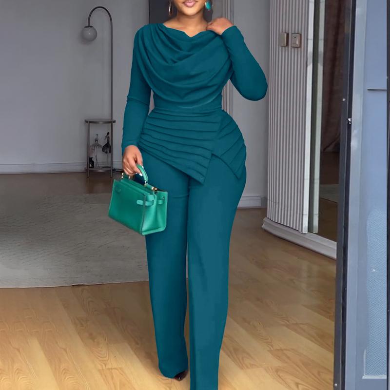 Cowl Neck Asymmetrical Patchwork Ruched Jumpsuit Casual Cinched Waist Zipper Back Straight Leg Jumpsuit - Seldom Seen Styles