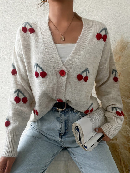 Women's Cherry Pattern Button Front Knitting Longsleeves Cardigan, Casual Elegant Long Sleeve Sweater Cardigan for Fall &amp; Winter, Women's Knit Clothing for Daily Wear, Cardigan for Women, Women's Cardigan, Womenswear, Knitwear, Clothe - Seldom Seen Styles