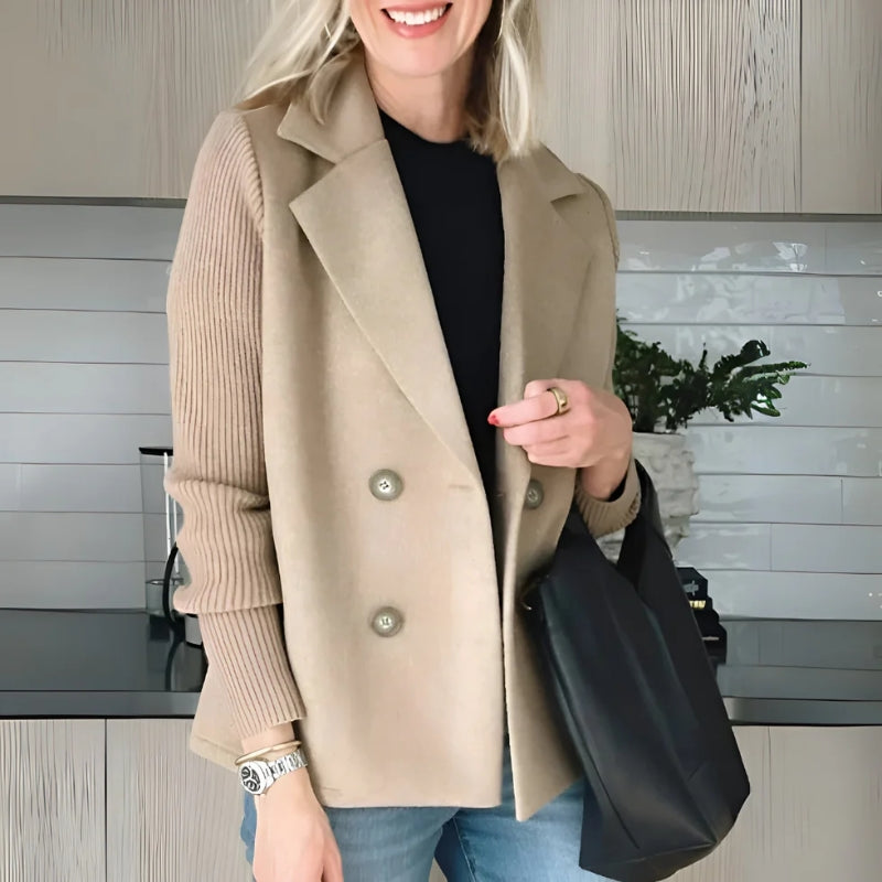 Women's Double Breasted Wool Pea Coat Notched Lapel Ribbed Knit Long Sleeve Sweater Short Blazer Jacket - Seldom Seen Styles