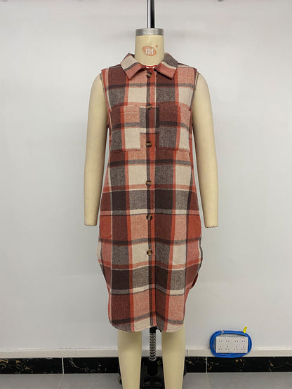 Womens Long Plaid Vest Sleeveless Coats Lapel Collar Casual Fall Outfits with Pockets