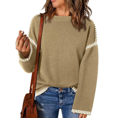 Sweaters for Women Fashion Solid Crewneck Loose Fit Long Sleeve Contrast Cable Knit Pullover Sweater Jumper Tops Knitwear Womenswear Knitwear Womenswear - Seldom Seen Styles