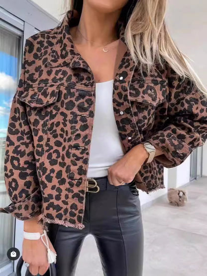 Women's Leopard Print Denim Jacket Long Sleeve Animal Printed Raw Hem Button Down Cropped Jean Coat Outerwear - Seldom Seen Styles