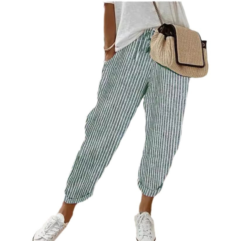 Women's Casual Vertical Striped High Elastic Waist Wide Leg Capri Palazzo Pants with Pockets - Seldom Seen Styles