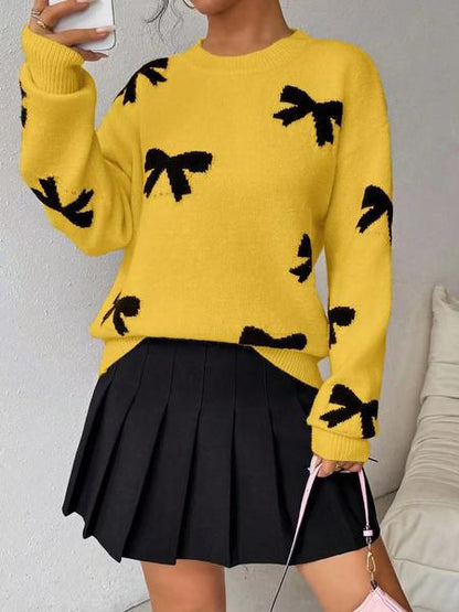 Fashion Bow Print Casual Loose Knitted Sweater Pullover Autumn/Winter Women Pullovers New Full Sleeve Knitwear - Seldom Seen Styles