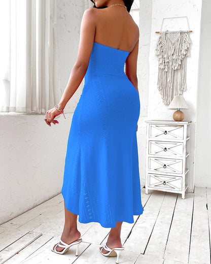 Sleeveless Ruched Cinched Waist Draped Bandeau Dress Eyelet Embroidery Slit Asymmetrical Hem Vacation Dress