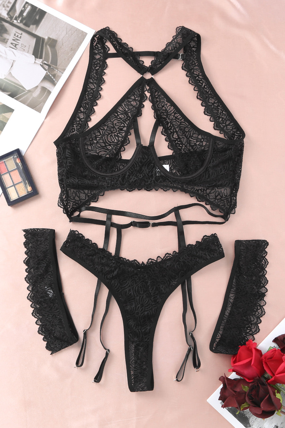 Black 3Pcs Open Cup Lace Strappy Lingerie Set - Seldom Seen Styles