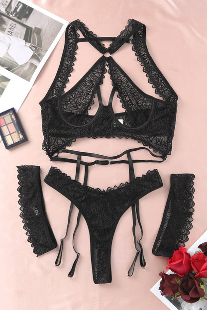 Black 3Pcs Open Cup Lace Strappy Lingerie Set - Seldom Seen Styles