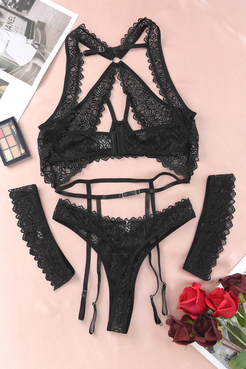 Black 3Pcs Open Cup Lace Strappy Lingerie Set - Seldom Seen Styles