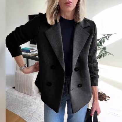 Women's Double Breasted Wool Pea Coat Notched Lapel Ribbed Knit Long Sleeve Sweater Short Blazer Jacket - Seldom Seen Styles