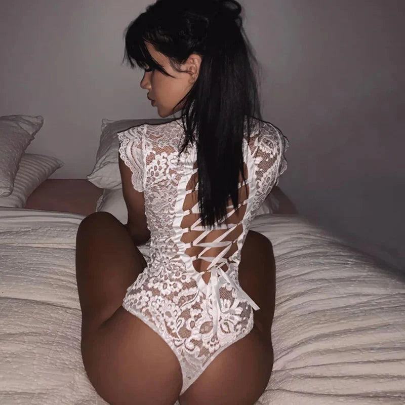 Blanc Body Moulant en Dentelle - Laçage au Dos