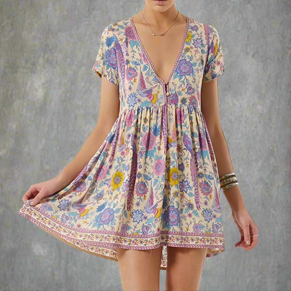 Boho Vintage Floral Print Mini Dress - Seldom Seen Styles
