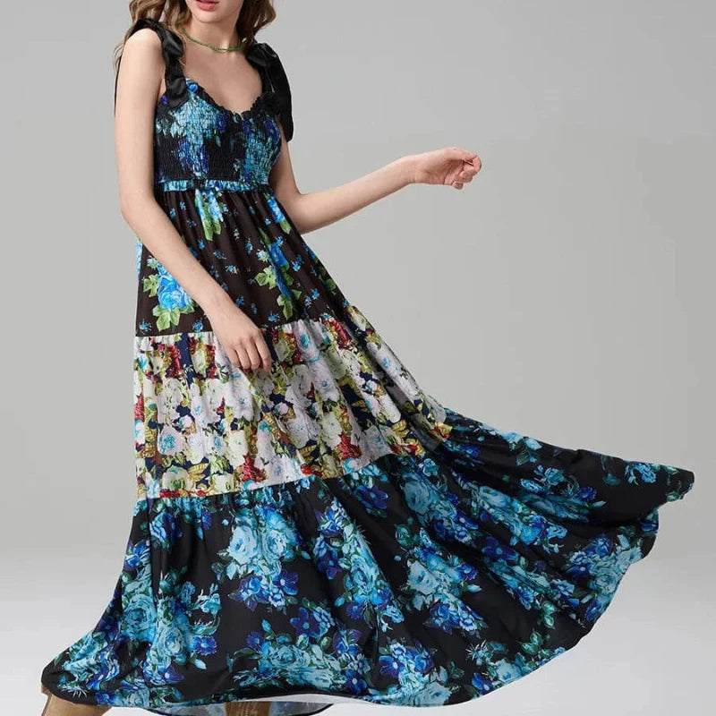 Vintage Floral Ribbon Tie Maxi Dress - Seldom Seen Styles