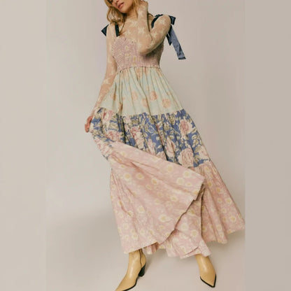 Vintage Floral Ribbon Tie Maxi Dress - Seldom Seen Styles