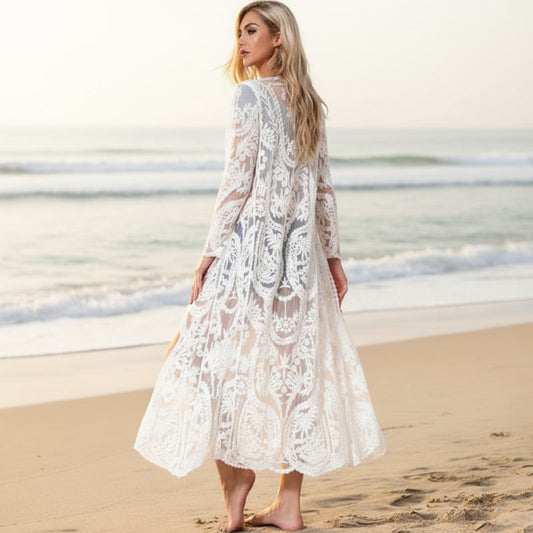 White Lace Long Beach Cardigan - Seldom Seen Styles