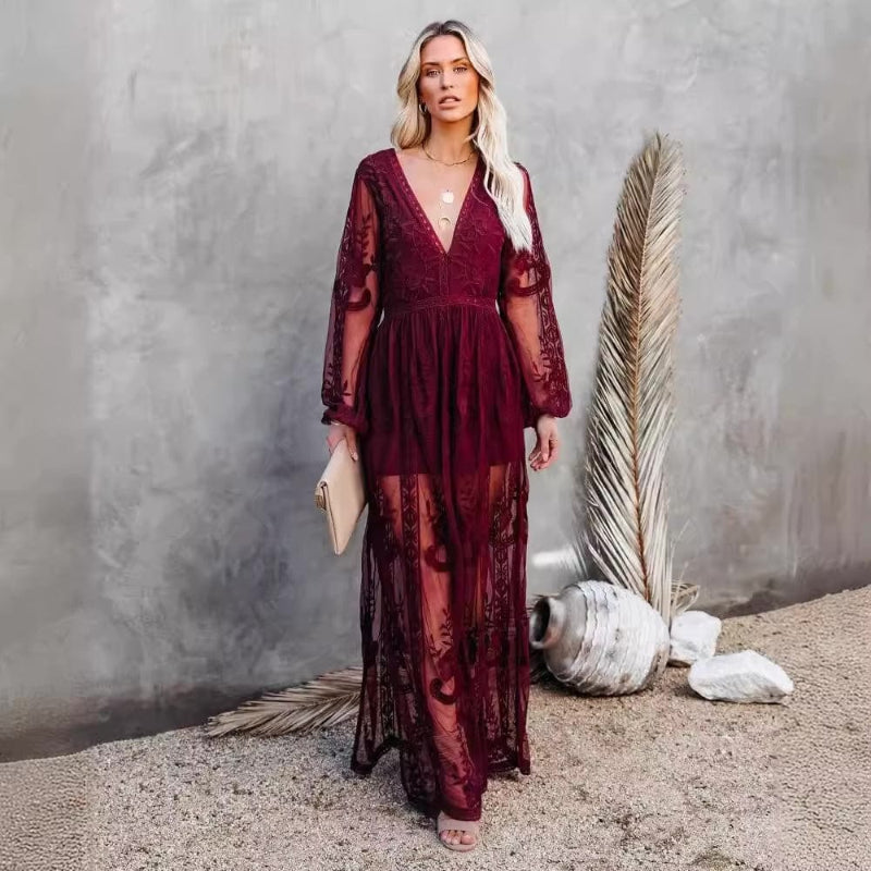 Boho Red Lace Maxi Dress - Seldom Seen Styles