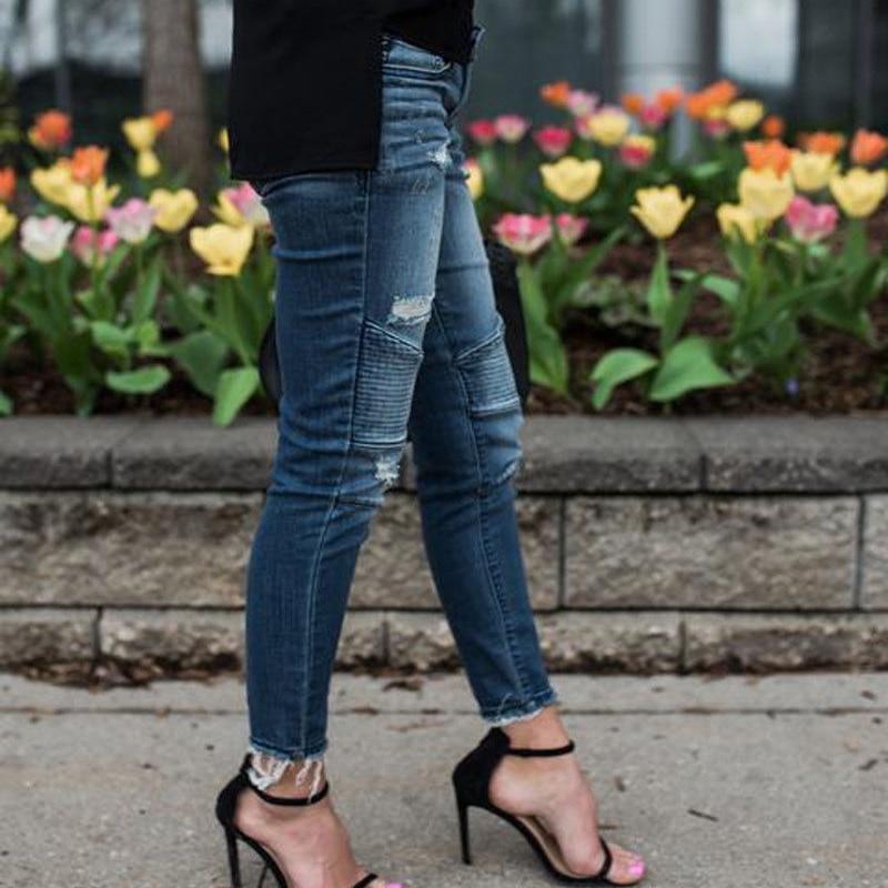 Skinny Ripped Pleated Stretch Denim Jeans - Seldom Seen Styles