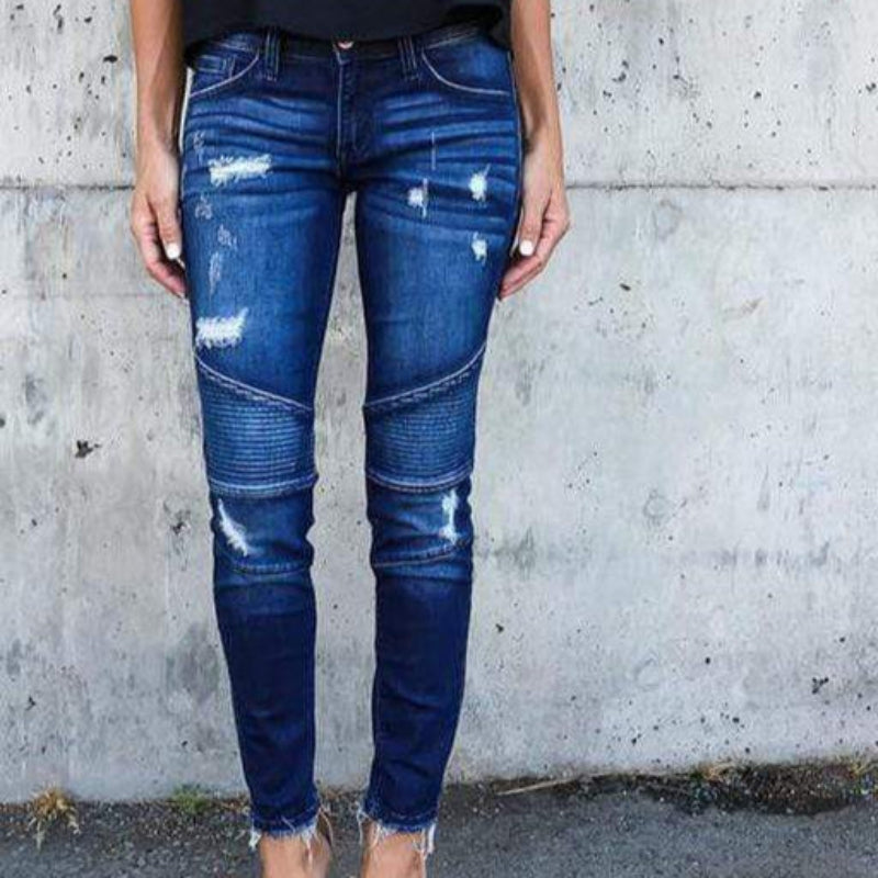 Skinny Ripped Pleated Stretch Denim Jeans - Seldom Seen Styles