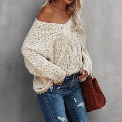 Boho Off Shoulder Knit V‑Neck Sweater - Seldom Seen Styles