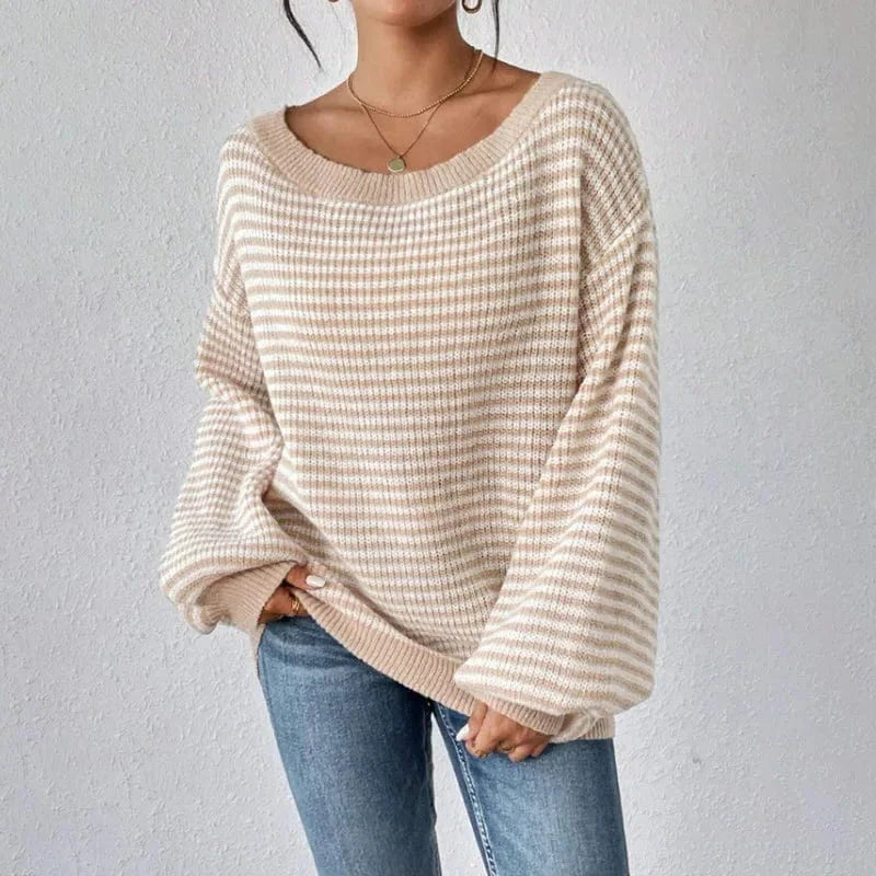 Boho Striped Slash Neck Lantern Sleeve Sweater - Seldom Seen Styles