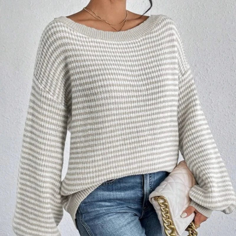 Boho Striped Slash Neck Lantern Sleeve Sweater - Seldom Seen Styles