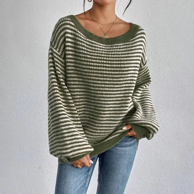 Boho Striped Slash Neck Lantern Sleeve Sweater - Seldom Seen Styles