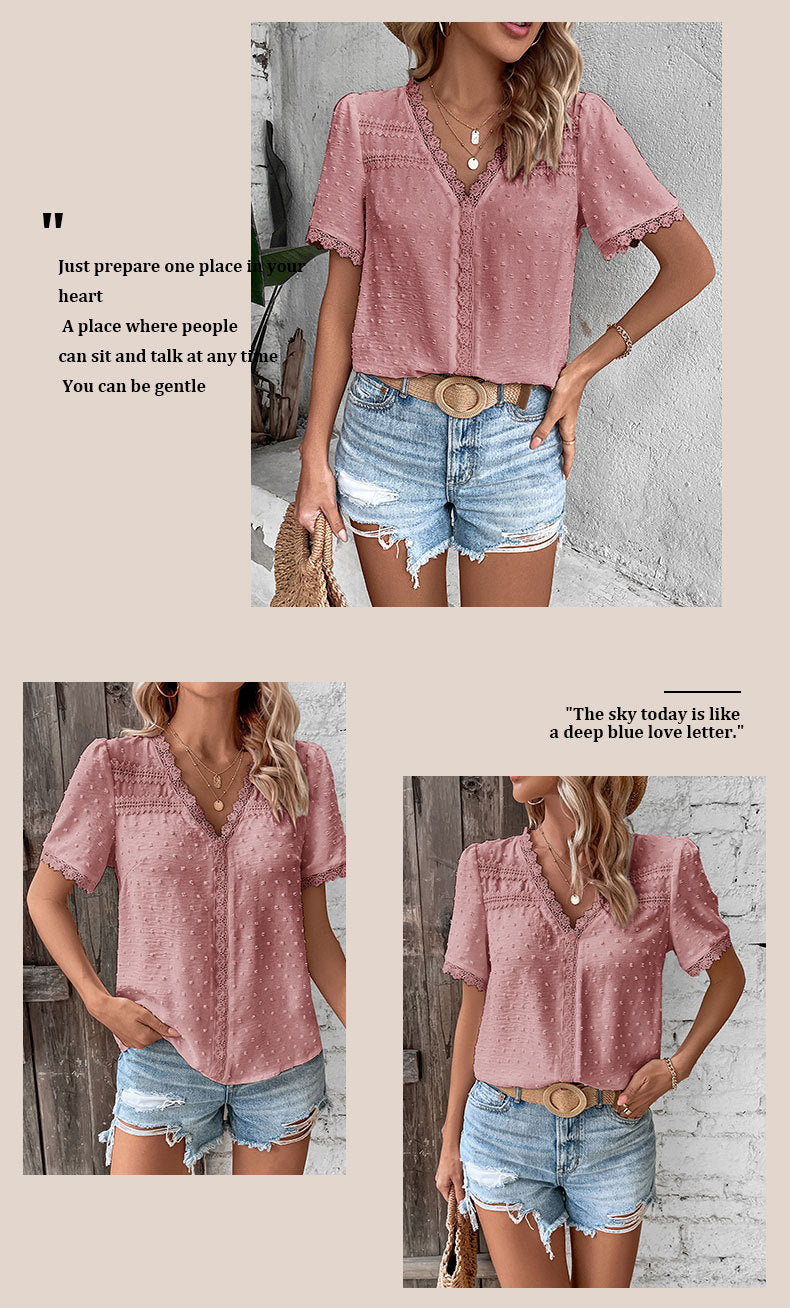 Women's 2025 Summer V Neck Lace Crochet Blouse Swiss Dot Business Casual Cute Shirts Tops