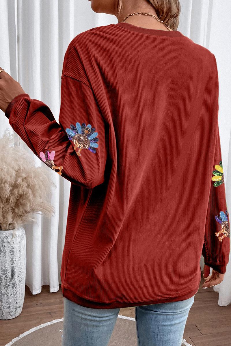 Women's Thanksgiving Sweatshirt with Sequin Turkey Graphic Corded Baggy Long Sleeve Winteroutfit Round Neck Casual Tops for Comfortable Wear - Seldom Seen Styles