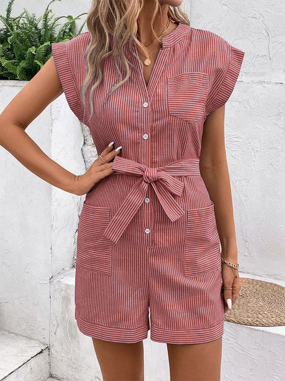 Womens Striped Shorts Romper Dressy Button V Neck Jumpsuits Comfy Business Work Overalls One Piece Jumpsuit w/Pockets