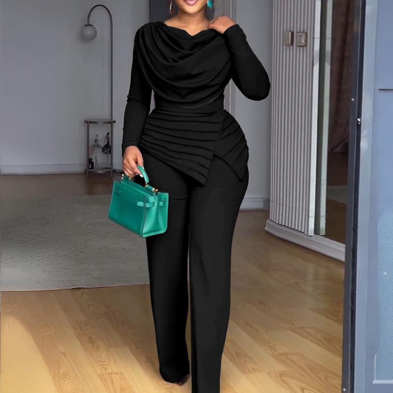 Cowl Neck Asymmetrical Patchwork Ruched Jumpsuit Casual Cinched Waist Zipper Back Straight Leg Jumpsuit - Seldom Seen Styles