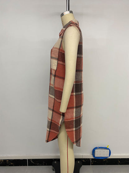 Womens Long Plaid Vest Sleeveless Coats Lapel Collar Casual Fall Outfits with Pockets