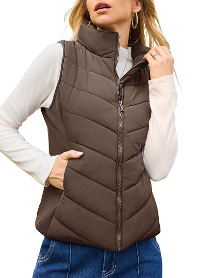 Puffer Vest Women Sleeveless Zip Up Outerwear Stand Collar Quilted Vest Warm Winter Jackets Coats with Pocket