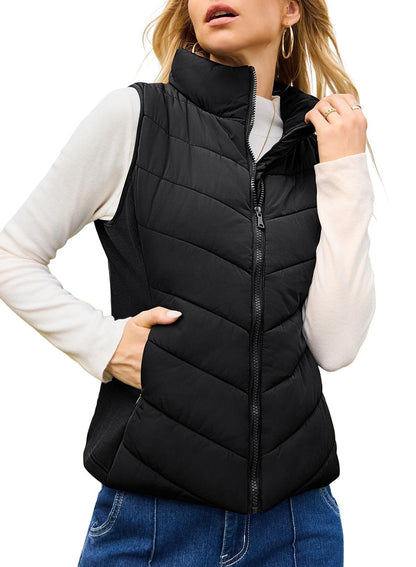 Puffer Vest Women Sleeveless Zip Up Outerwear Stand Collar Quilted Vest Warm Winter Jackets Coats with Pocket