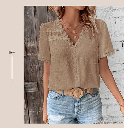Women's 2025 Summer V Neck Lace Crochet Blouse Swiss Dot Business Casual Cute Shirts Tops