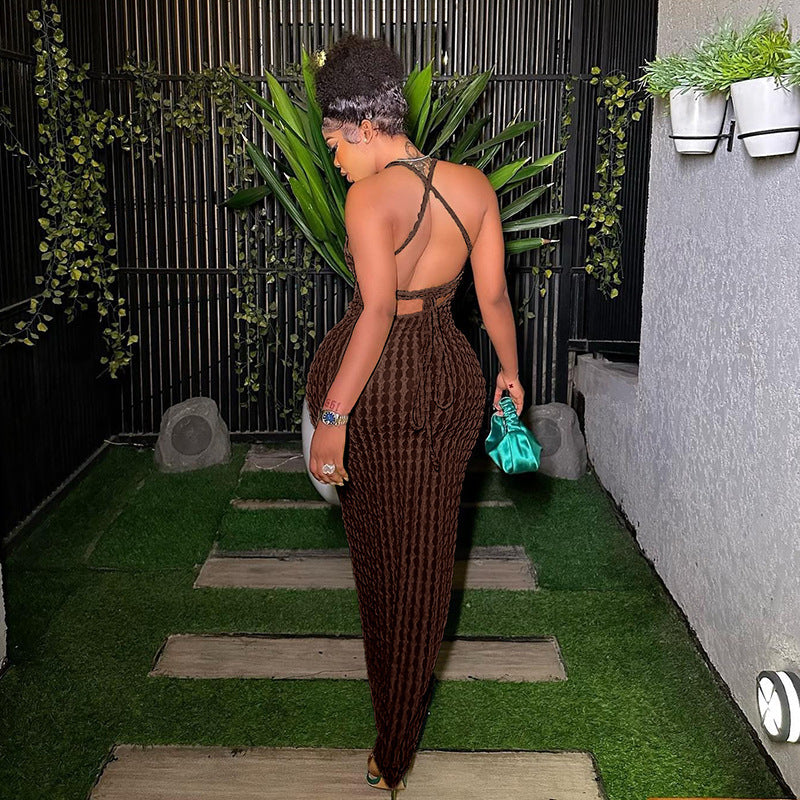 Women's Solid Backless Frill Trim Cami Dress, Fashion Casual Tie Back Sleeveless Bodycon Maxi Spaghetti Strap Dress for Party Club Dating Wear, Ladies Summer Clothes, Dresses for Women, Summer Dresses, Womenswear, Vacation Dresses, Cocktail Party Dresses - Seldom Seen Styles