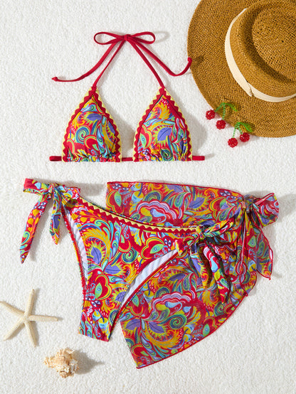 Women's Bikini Sets 2 Piece Halter Triangle Allover Print Swimsuit Set Boho Knot Side Bathing Suit Set