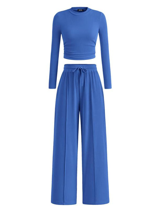 BTFBM 2-Piece Ribbed Knit Long Sleeve Crop Top Wide Leg Pants Matching Lounge Set Loungewear