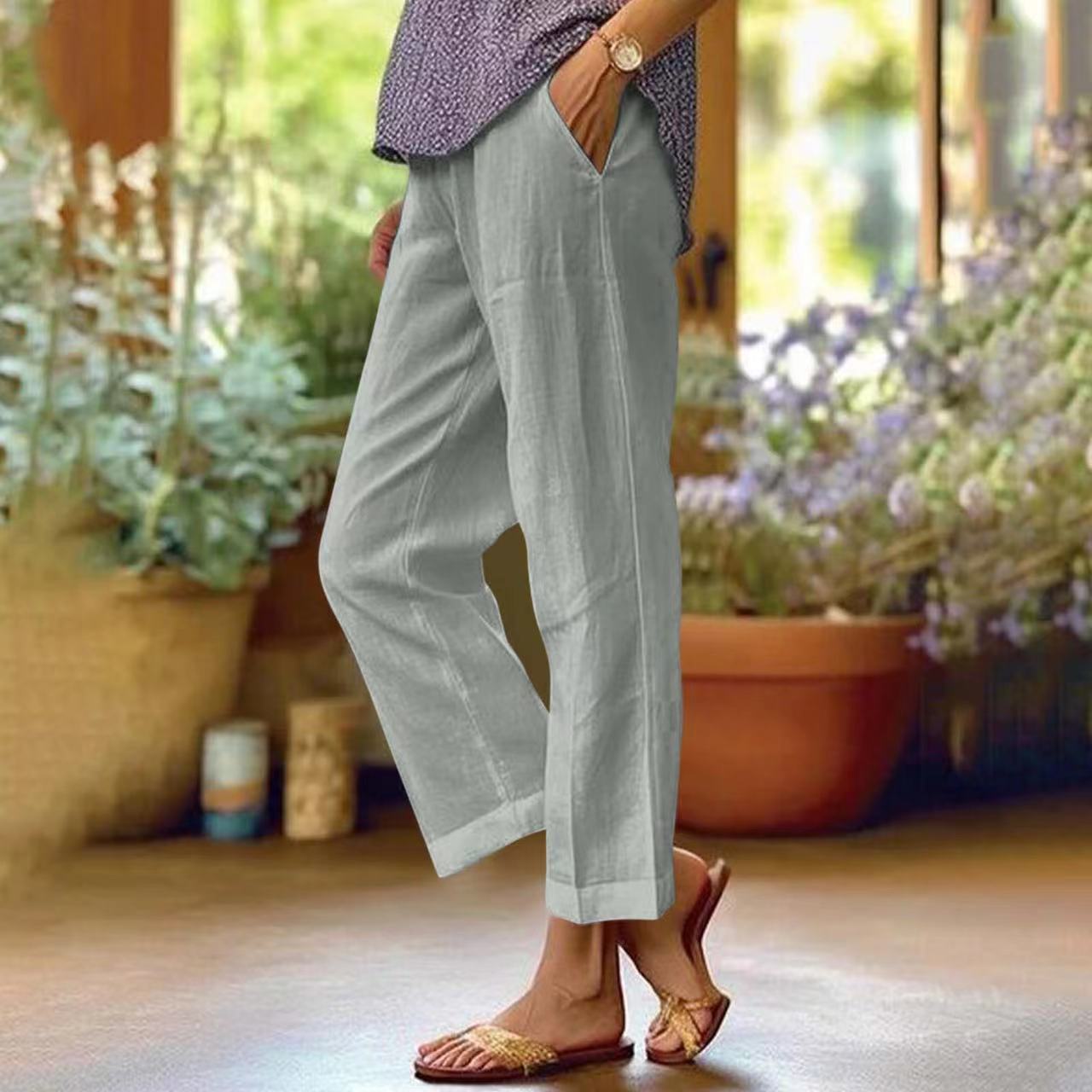 2024Cross-Border Amazon wish Independent Station Women's Cotton Linen Loose Solid Color Elastic Waist Pocket Straight Casual Pants - Seldom Seen Styles