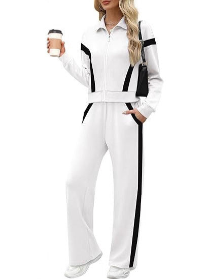 Women's 2 Piece Lounge Outfits Zip Up Sweat Set Contrast Striped Wide Leg Jogging Pants Travel Track Suit - Seldom Seen Styles