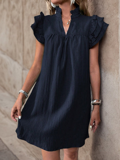 Women's Cap Sleeve Ruffle Trim Mini Dress Ruched Notched Neck Casual Basic Straight Dresses