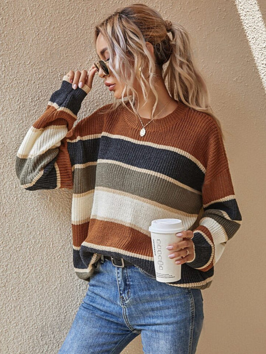 Women's Colorblock Striped Print Drop Shoulder Sweater, Soft Casual Long Sleeve Round Neck Jumper for Fall & Winter, Fashion Ladies' Knitwear for Daily Wear - Seldom Seen Styles