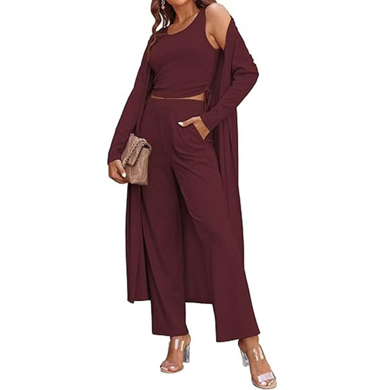 Cozy New Ekouaer Women's 3 Piece Knit Lounge Set Long Sleeve Cardigan Sleeveless Top Pants Sweatsuit S-XXL - Seldom Seen Styles