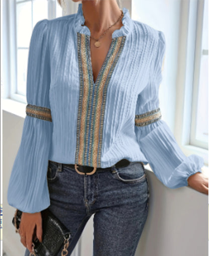 Women’s Lace Trim V Neck Lantern Long Sleeve Blouses Oversized Dressy Casual Loose Fit Business Work Shirts Tops - Seldom Seen Styles