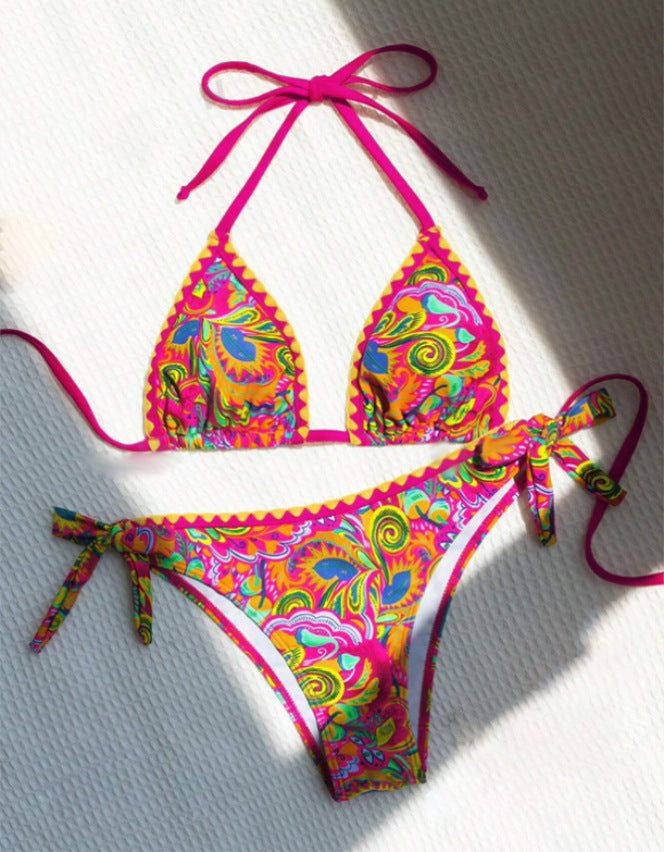 Women's Bikini Sets 2 Piece Halter Triangle Allover Print Swimsuit Set Boho Knot Side Bathing Suit Set